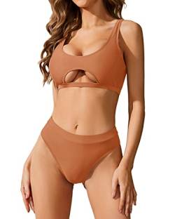 Holipick Zweiteiliges Bikini-Set für Frauen Underboob Bikini Sexy Push Up Badeanzug Hohe Taille Badeanzug Freche Bademode, braun, Medium von Holipick