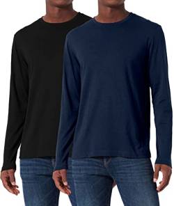 Herren (2er Pack) Baumwolle Classics Langarm T-Shirt Rundhalsausschnitt Baselayer Tops Schwarz/Marine-2P03-S von Holure