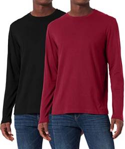 Herren (2er Pack) Baumwolle Classics Langarm T-Shirt Rundhalsausschnitt Baselayer Tops Schwarz/Rot-2P04-L von Holure