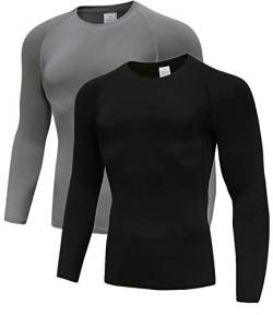 Herren 2er Pack Base Layers Tops, Langarm Gym Running Workout T-Shirts für Mann Schwarz/Grau02-XL von Holure