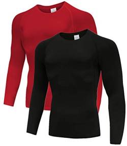 Herren 2er Pack Base Layers Tops, Langarm Gym Running Workout T-Shirts für Mann Schwarz/Rot01-2XL von Holure