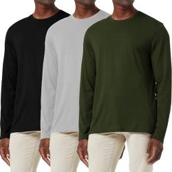 Herren 3er Pack Baumwolle Langarm T-Shirt Feuchtigkeitsregulierung Rundhalsausschnitt Shirts Leichter Komfort Lässige Basisschicht Tops Schwarz/Grau/Grün-3P02-XL von Holure