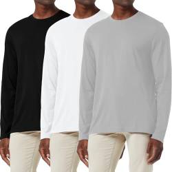 Herren 3er Pack Baumwolle Langarm T-Shirt Feuchtigkeitsregulierung Rundhalsausschnitt Shirts Leichter Komfort Lässige Basisschicht Tops Schwarz/Weiß/Grau-3P01-2XL von Holure