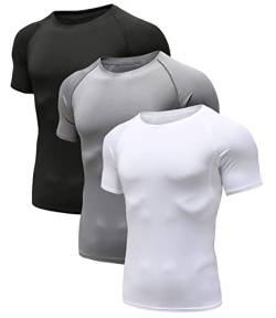 Herren Kompressionsshirt Grundschicht Kurzarm Sport T-Shirt Funktions Atmungsaktiv Tops für Männer Schwarz/Grau/Weiß 02-S von Holure