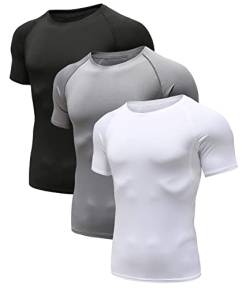 Herren Kompressionsshirt Grundschicht Kurzarm Sport T-Shirt Funktions Atmungsaktiv Tops für Männer Schwarz/Grau/Weiß 02-XL von Holure