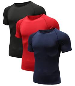 Herren Kompressionsshirt Grundschicht Kurzarm Sport T-Shirt Funktions Atmungsaktiv Tops für Männer Schwarz/Rot/Marine 04-XL von Holure