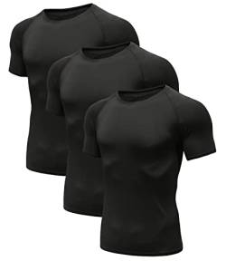 Herren Kompressionsshirt Grundschicht Kurzarm Sport T-Shirt Funktions Atmungsaktiv Tops für Männer Schwarz/Schwarz/Schwarz 01-L von Holure