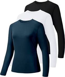 Holure 3er-Pack Damen Langarmshirts UPF50+ Sonnenschutz T-Shirts U-Ausschnitt Wandershirt Running Workout Performance Tee Schwarz/Weiß/Marine L von Holure