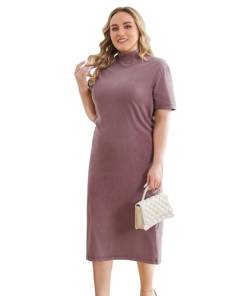 Holure Damen Kurze Ärmel lose gerippte Hälfte hohen Hals Baumwolle solide Farbe gerade zurück Saum Split Casual Kleid Violett-L von Holure