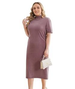 Holure Damen Kurze Ärmel lose gerippte Hälfte hohen Hals Baumwolle solide Farbe gerade zurück Saum Split Casual Kleid Violett-XL von Holure