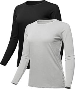 Holure Damen Langarmshirt 2er Pack Basic Shirt Atmungsaktive Rundhals Shirt Baumwolle Bluse Oberteile Tops Schwarz/Grau S von Holure