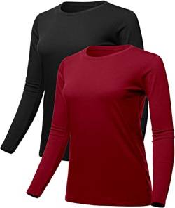 Holure Damen Langarmshirt 2er Pack Basic Shirt Atmungsaktive Rundhals Shirt Baumwolle Bluse Oberteile Tops Schwarz/Rot 2XL von Holure