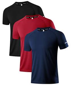 Holure Herren 3er Pack Sports Atmungsaktiv Schnelltrocknend Kurzarm T-Shirts Schwarz/Dunkelblau/Rot XXL von Holure