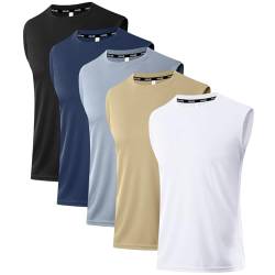 Holure Herren 5 Pack Tank Top Quick Dry Ärmelloses Muskelshirt Reflektierende Streifen Funktionsshirt Schwarz/Khaki/Grau/Weiß/Navy 02-M von Holure