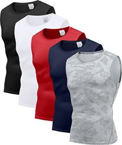 Holure Herren 5er Pack Kompressionsshirt Tank Top Quick Dry Ärmelloses Muskel Shirt Funktionsshirt Schwarz/Camo Grau/Weiß/Navy/Rot02-L von Holure