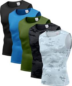 Holure Herren 5er Pack Kompressionsshirt Tank Top Quick Dry Ärmelloses Muskel Shirt Funktionsshirt Schwarz/Camo-Schwarz/Camo-Weiß/Blau/Grün01-M von Holure