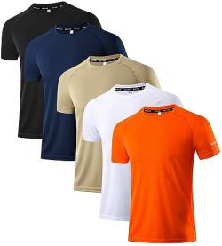 Holure Herren 5er Pack Sports Atmungsaktiv Schnelltrocknend Kurzarm T-Shirts Schwarz/Navy/Khaki/Weiß/Orange 04-2XL von Holure