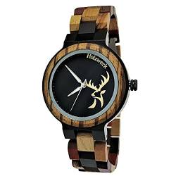 Holzwerk Germany Handgefertigte Damen-Uhr Öko Natur Holz-Uhr Holz Armband-Uhr Braun Schwarz Zebra Muster Analog Quarz-Uhr mit Hirsch Motiv von Holzwerk Germany