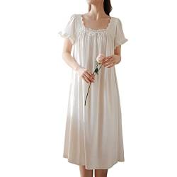 Homgro Damen Baumwolle Viktorianisches Nachthemd Weich Lang Schlaf Kleid Kurzarm Prinzessin Pyjama Shirt Nachtwäsche, A-weiß, X-Large von Homgro