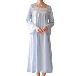 Homgro Damen Baumwolle Viktorianisches Nachthemd Weiche Spitze Sheer Glockenärmel Midi Schlafshirt V-Ausschnitt Langes Pyjama-Kleid, F-blau, Medium von Homgro