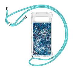 HomiTunky Handykette für Google Pixel 7a Hülle mit Band,Silikon Durchsichtig Transparent Flüssig Glitzer mit Kette Kordel Bumper Treibsand Necklace TPU Schutzhülle Case,Blau von HomiTunky