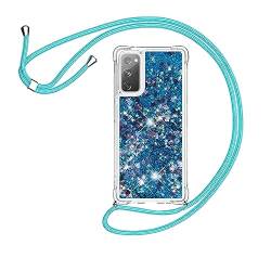 HomiTunky Handykette für Samsung Galaxy S20 FE Hülle mit Band,Silikon Durchsichtig Transparent Flüssig Glitzer mit Kette Kordel Bumper Treibsand Necklace TPU Schutzhülle Case,Blau von HomiTunky