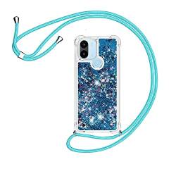 HomiTunky Handykette für Xiaomi Redmi A1 Hülle mit Band,Silikon Durchsichtig Transparent Flüssig Glitzer mit Kette Kordel Bumper Treibsand Necklace TPU Schutzhülle Case,Blau von HomiTunky