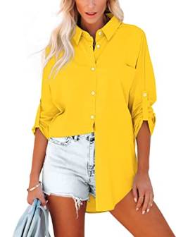 Homlan Bluse Damen Baumwolle Langarm Roll Up Elegant Oberteile Lässige Hemden Knöpfleiste Einfarbig Langarmshirt Tunika Hemdbluse Mit Brusttaschen (Large, Gelb) von Homlan