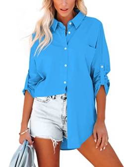 Homlan Bluse Damen Baumwolle Langarm Roll Up Elegant Oberteile Lässige Hemden Knöpfleiste Einfarbig Langarmshirt Tunika Hemdbluse Mit Brusttaschen (Medium, Blau) von Homlan