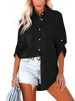 Homlan Bluse Damen Baumwolle Langarm Roll Up Elegant Oberteile Lässige Hemden Knöpfleiste Einfarbig Langarmshirt Tunika Hemdbluse Mit Brusttaschen (XX-Large, Schwarz) von Homlan