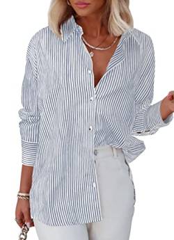 Homlan Bluse Damen Langarm Streifen Business Casual Oberteil V-Ausschnitt Arbeit Hemd Locker Knöpfleiste Hemdbluse (8230Large, Grau) von Homlan