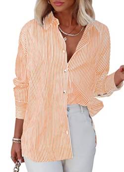 Homlan Bluse Damen Langarm Streifen Business Casual Oberteil V-Ausschnitt Arbeit Hemd Locker Knöpfleiste Hemdbluse (8230X-Large, Orange) von Homlan