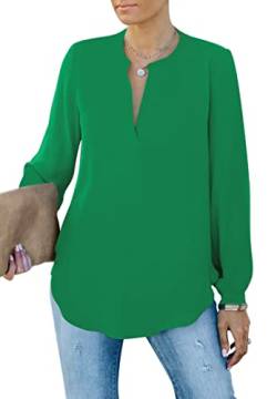Homlan Damen Bluse Elegant V Ausschnitt Langarm Arbeit Oberteile Casual Tunika Henley Langarmshirt Einfarbig Lose Hemdbluse (8229Large, Grün) von Homlan