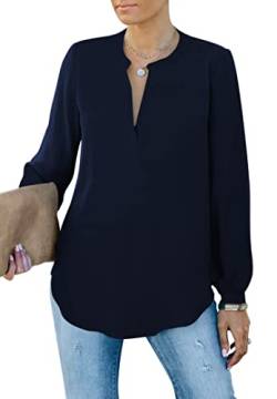 Homlan Damen Bluse Elegant V Ausschnitt Langarm Arbeit Oberteile Casual Tunika Henley Langarmshirt Einfarbig Lose Hemdbluse (8229Small, Dunkelblau) von Homlan