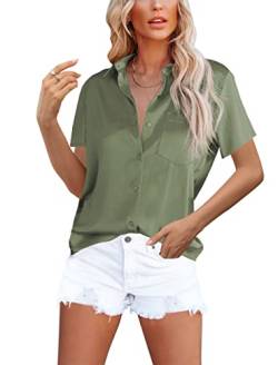 Homlan Damen Bluse Elegant V-Ausschnitt Satin Kurzarm Casual Oberteile Locker Hemd Einfarbig Lose Kurzarmshirt Mit Brusttasche (8228Medium, Armeegrün) von Homlan