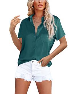 Homlan Damen Bluse Elegant V-Ausschnitt Satin Kurzarm Casual Oberteile Locker Hemd Einfarbig Lose Kurzarmshirt Mit Brusttasche (8228X-Large, Dunkelgrün) von Homlan