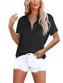 Homlan Damen Bluse Elegant V-Ausschnitt Satin Kurzarm Casual Oberteile Locker Hemd Einfarbig Lose Kurzarmshirt Mit Brusttasche (8228X-Large, Schwarz) von Homlan