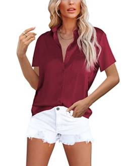 Homlan Damen Bluse Elegant V-Ausschnitt Satin Kurzarm Casual Oberteile Locker Hemd Einfarbig Lose Kurzarmshirt Mit Brusttasche (8228XX-Large, Rotwein) von Homlan