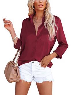 Homlan Damen Bluse Elegant V-Ausschnitt Satin Langarm Casual Oberteile Locker Hemd Einfarbig Lose Langarmshirt Mit Brusttasche (Large, Rotwein) von Homlan