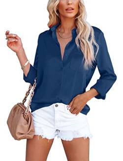 Homlan Damen Bluse Elegant V-Ausschnitt Satin Langarm Casual Oberteile Locker Hemd Einfarbig Lose Langarmshirt Mit Brusttasche (Small, Blau) von Homlan