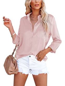 Homlan Damen Bluse Elegant V-Ausschnitt Satin Langarm Casual Oberteile Locker Hemd Einfarbig Lose Langarmshirt Mit Brusttasche (Small, Rosa) von Homlan