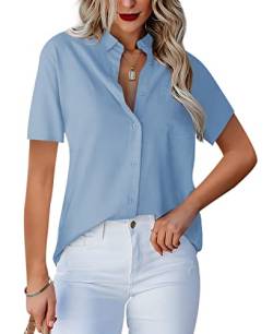 Homlan Damen Bluse V-Ausschnitt Hemd Kurzarm Elegant Lässige Oberteile Knopfleiste Hemdbluse Arbeit Einfarbig Kurzarm Shirt mit Brusttaschen (Large, Hellblau) von Homlan