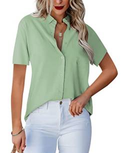 Homlan Damen Bluse V-Ausschnitt Hemd Kurzarm Elegant Lässige Oberteile Knopfleiste Hemdbluse Arbeit Einfarbig Kurzarm Shirt mit Brusttaschen (Medium, Bohnengrün) von Homlan