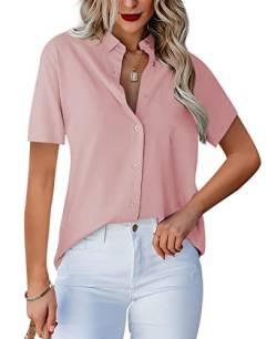 Homlan Damen Bluse V-Ausschnitt Hemd Kurzarm Elegant Lässige Oberteile Knopfleiste Hemdbluse Arbeit Einfarbig Kurzarm Shirt mit Brusttaschen (Medium, Rosa) von Homlan