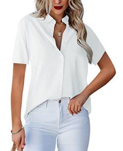 Homlan Damen Bluse V-Ausschnitt Hemd Kurzarm Elegant Lässige Oberteile Knopfleiste Hemdbluse Arbeit Einfarbig Kurzarm Shirt mit Brusttaschen (Small, Weiß) von Homlan