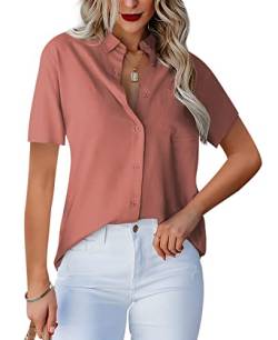 Homlan Damen Bluse V-Ausschnitt Hemd Kurzarm Elegant Lässige Oberteile Knopfleiste Hemdbluse Arbeit Einfarbig Kurzarm Shirt mit Brusttaschen (X-Large, Orange) von Homlan