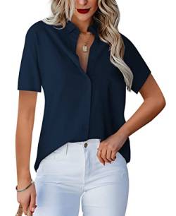 Homlan Damen Bluse V-Ausschnitt Hemd Kurzarm Elegant Lässige Oberteile Knopfleiste Hemdbluse Arbeit Einfarbig Kurzarm Shirt mit Brusttaschen (XX-Large, Dunkelblau) von Homlan