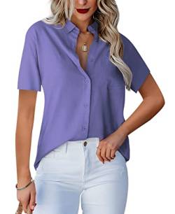 Homlan Damen Bluse V-Ausschnitt Hemd Kurzarm Elegant Lässige Oberteile Knopfleiste Hemdbluse Arbeit Einfarbig Kurzarm Shirt mit Brusttaschen (XX-Large, Violett) von Homlan