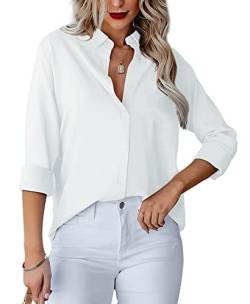 Homlan Damen Bluse V-Ausschnitt Hemd Langarm Elegant Lässige Oberteile Knopfleiste Hemdbluse Arbeit Einfarbig Langarmshirt mit Brusttaschen (Large, Weiß) von Homlan