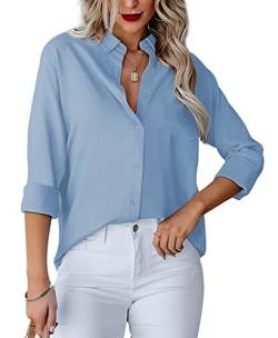 Homlan Damen Bluse V-Ausschnitt Hemd Langarm Elegant Lässige Oberteile Knopfleiste Hemdbluse Arbeit Einfarbig Langarmshirt mit Brusttaschen (Medium, Hellblau) von Homlan